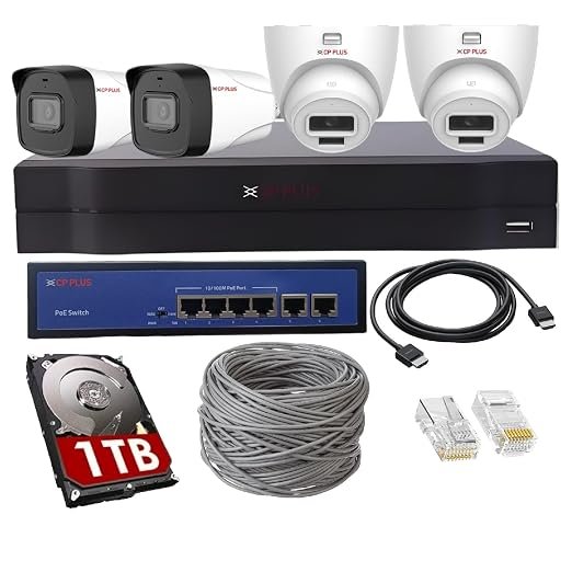 CP PLUS 4 Channel NVR Complete Setup, 2MP 2ps Outdoor and 2ps Indoor Nightvision Security Camera 1TB HDD, 4-port PoE and Accessories